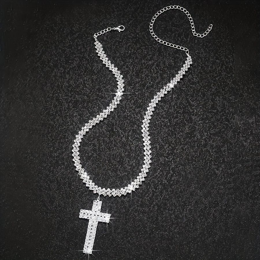 Layered Rhinestones Cross Pendants Necklace
